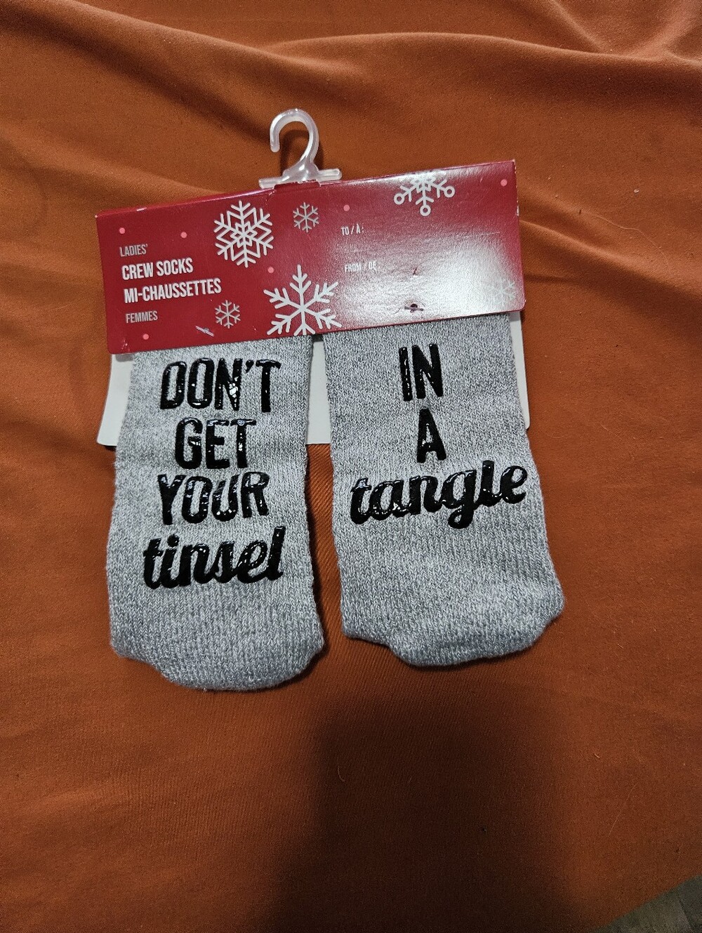 Ladies Nwt Gray Crew Socks - "Don't Get Your Tinsel In A Tangle"